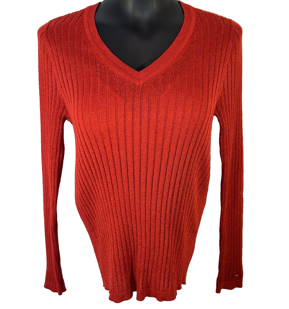 Tommy Hilfiger - Sweater Women's M Red Metallic Ribbed V-Neck Long Sleeve Holida